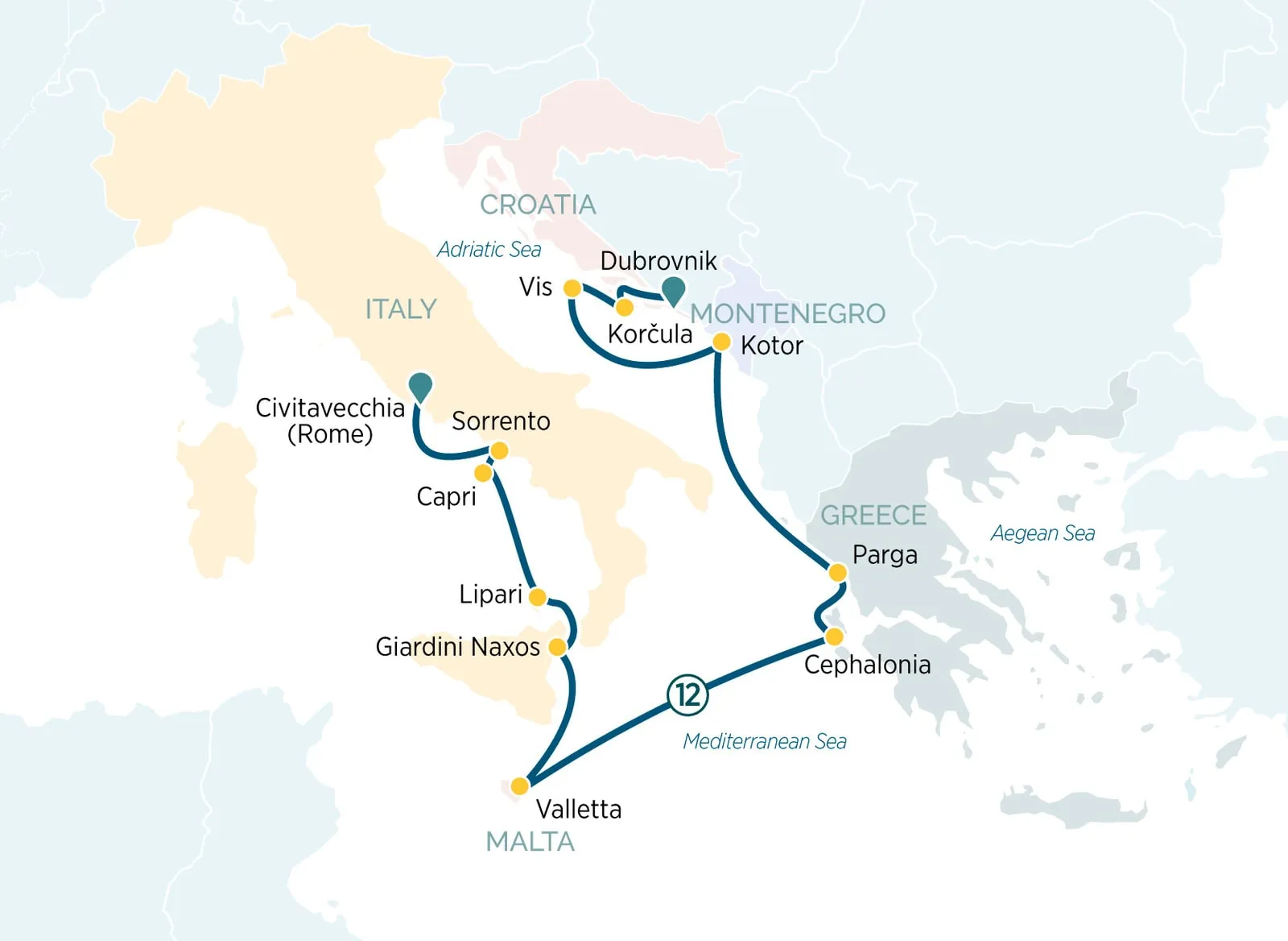 Route map of the Italian and Adriatic Icons cruise: Civitavecchia for Rome, Sorrento, Capri, Lipari, Giardini Naxos, Valletta, Cephalonia, Parga, Kotor, Korčula, Vis and Dubrovnik