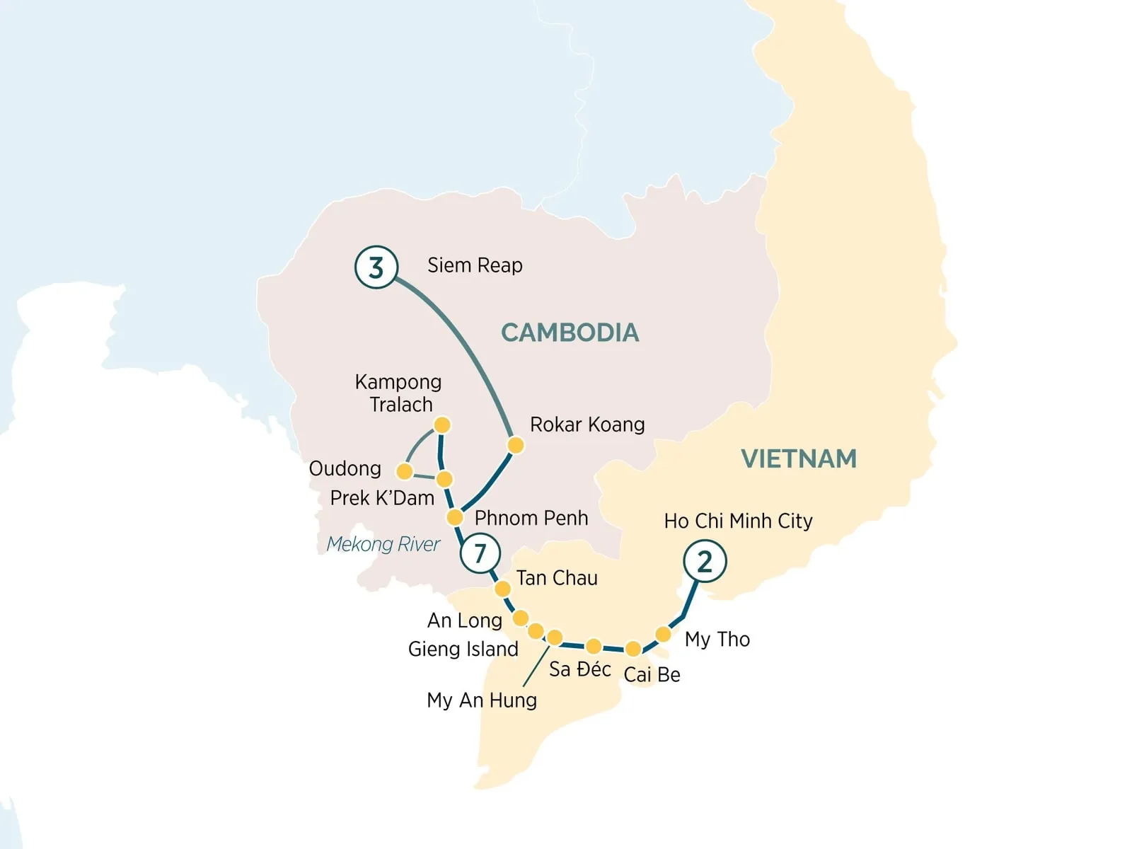 Route map of the Mekong river cruise from Siem Reap, Cambodia, through Rokar Koang, Kampong Tralach, Oudong and Phnom Penh, crossing into Vietnam at Tan Chau, then on to Gieng Island, My An Hung, Sa Dec, Cai Be, My Tho and Ho Chi Minh City
